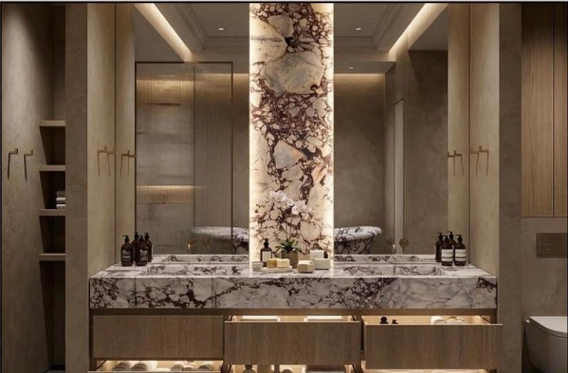 Design inspiration: primary bath with Calacatta Viola marble and walnut vanity